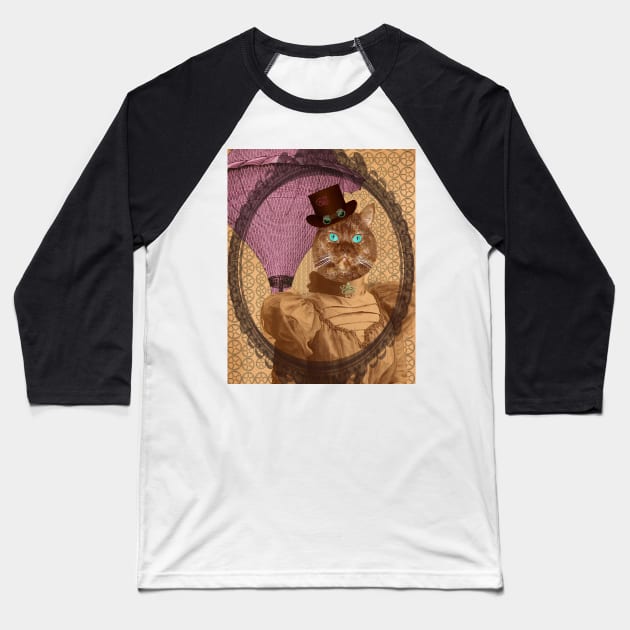 Steampunk Airship Kitty Baseball T-Shirt by Loveday101